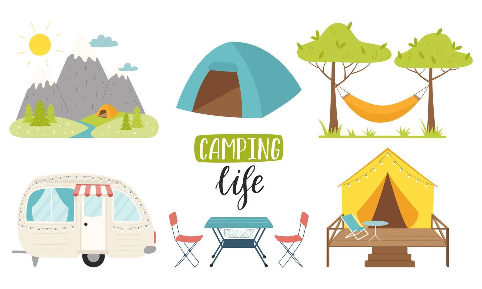 berg landskap med tält, camping trailer, hängmatta, tält, möbel. hand text - camping liv. vandring, glamping, reser, rekreation på natur. platt Färg vektor illustration på vit.