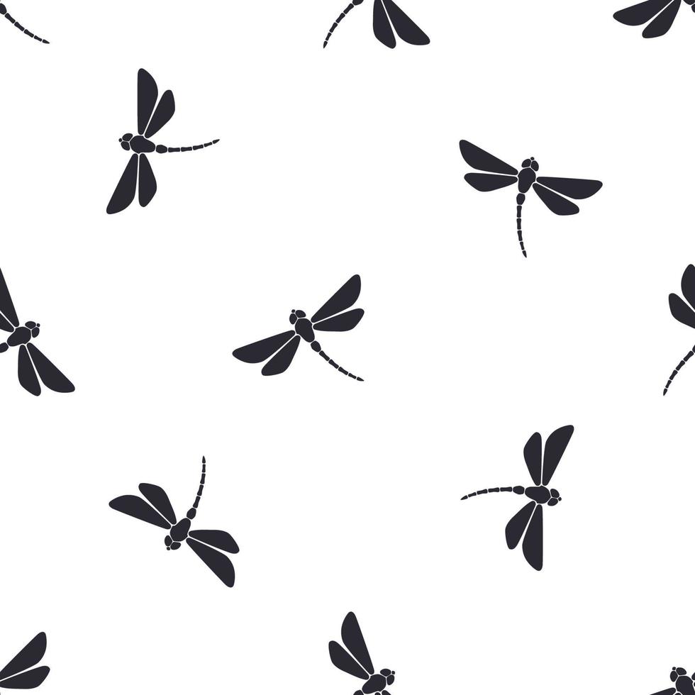 nahtlos Muster mit Silhouetten von fliegend Libelle mit gebogen Körper auf Weiß Hintergrund vektor