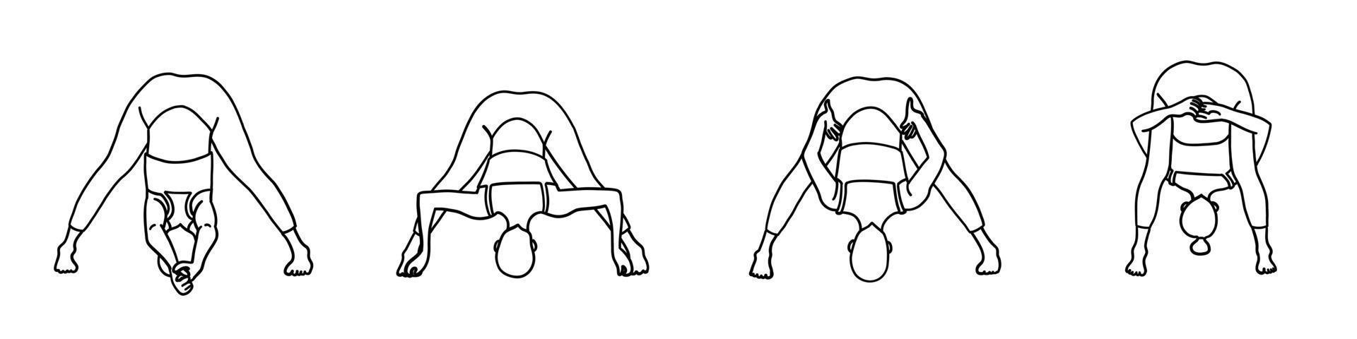 Flexibilität Yoga posiert Sammlung. weiblich, Dame, Frau, Mädchen. Meditation, Pilates, mental Gesundheit, Ausbildung Fitnessstudio. Vektor Illustration im Karikatur Gliederung Gekritzel Stil isoliert auf Weiß Hintergrund.