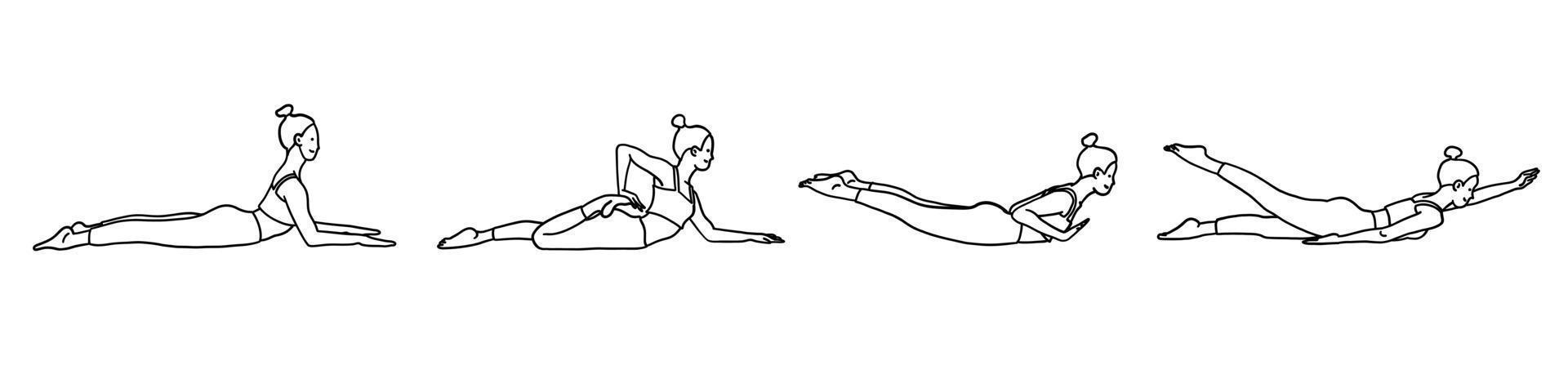 flexibilitet yoga poser samling. kvinna, lady, kvinna, flicka. meditation, pilates, mental hälsa, Träning Gym. vektor illustration i tecknad serie översikt klotter stil isolerat på vit bakgrund.