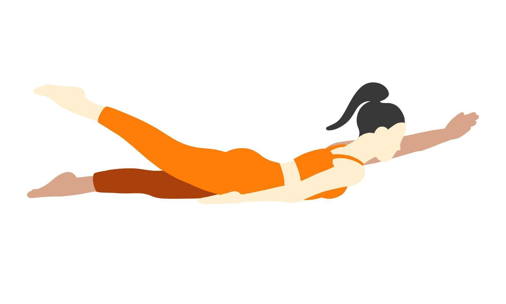 Flexibilität Yoga Pose. asiatisch weiblich, Dame, Frau, Mädchen. Meditation, Pilates, mental Gesundheit, Ausbildung, Sport, Fitnessstudio. Vektor Illustration im Karikatur eben Stil isoliert auf Weiß Hintergrund.