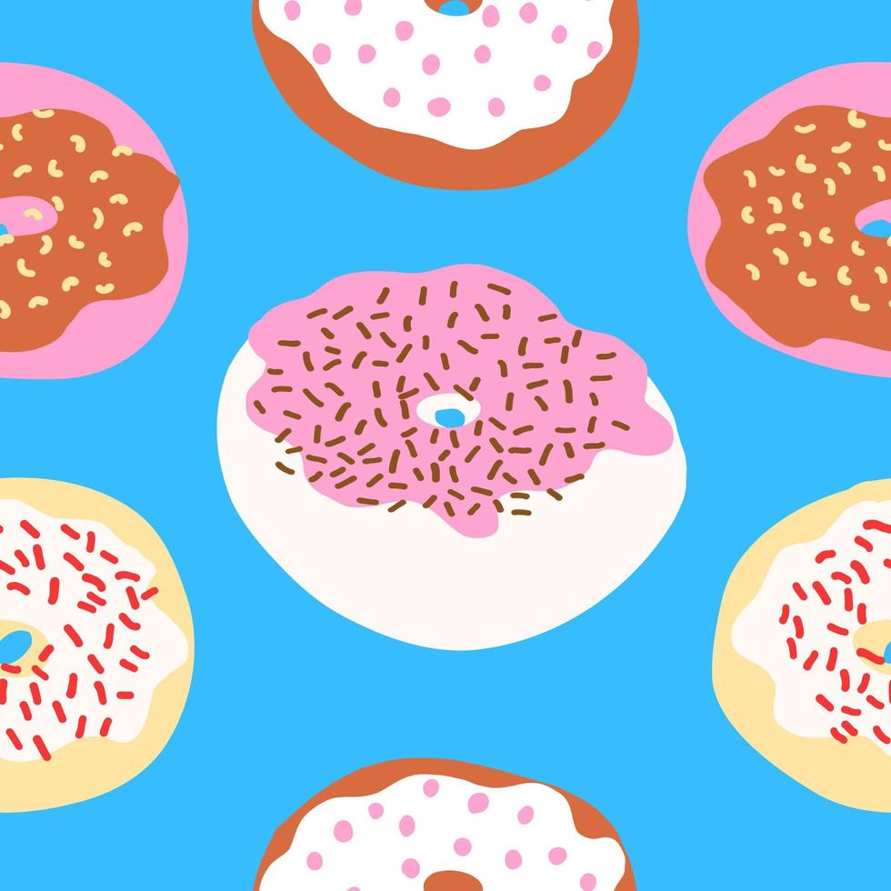 nahtlos Muster von Donuts mit Sträusel, Creme, Schokolade, Rosa und Weizen Base im Karikatur Stil. Süss Bäckerei. andere Krapfen. Vektor bunt Illustration isoliert auf Blau Hintergrund.