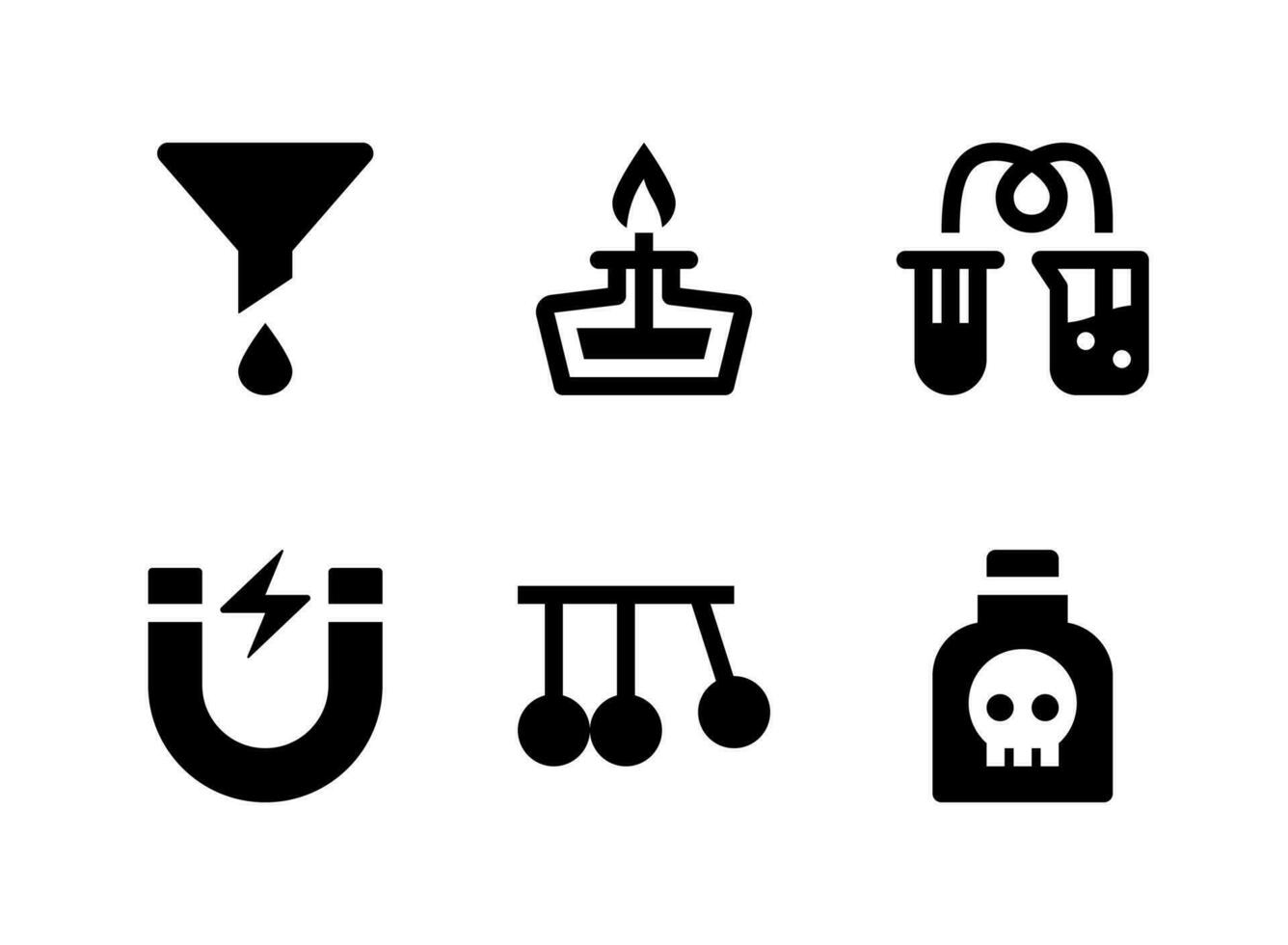 enkel uppsättning laboratorierelaterade fasta ikoner. innehåller ikoner som tratt, magnet, pendel, gift och mer. vektor