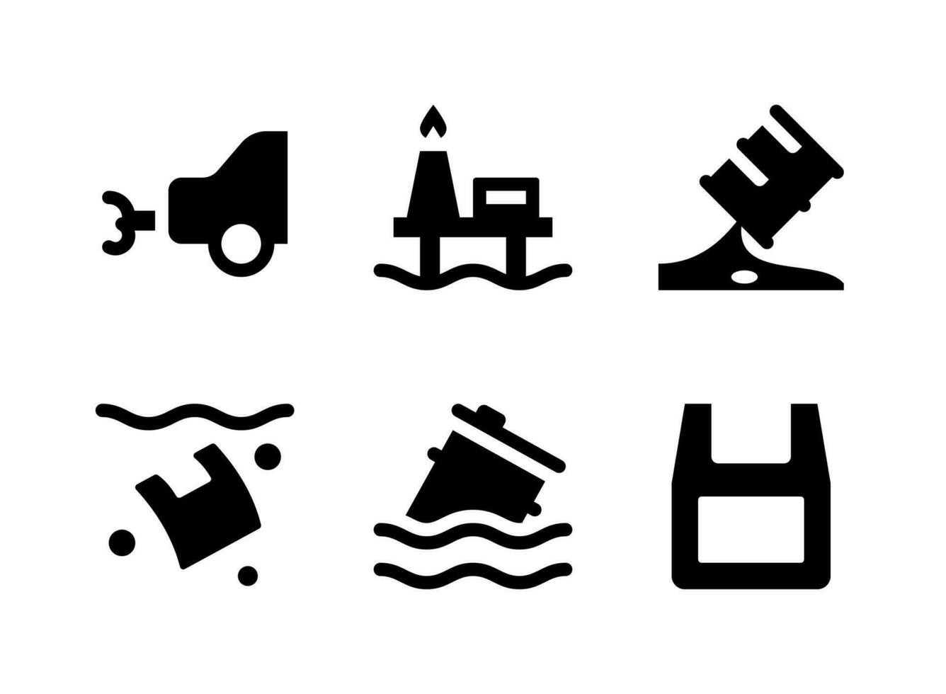 enkel uppsättning föroreningar relaterade vektor fasta ikoner. innehåller ikoner som bil, oljeläckage, plastföroreningar, flytande fat och mer.