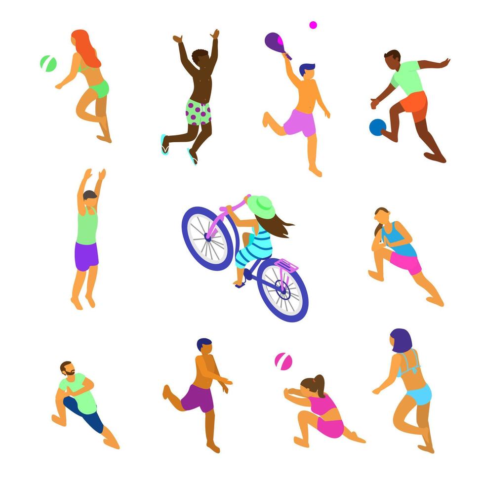 Vektor einstellen von isometrisch Menschen von anders ethnische Zugehörigkeit im tun Sommer- Sport. Sommer- Aktivitäten Reiten Strand Fahrrad, spielen Strand Volley, Fußball, Schläger Ball, tun Yoga, Springen.