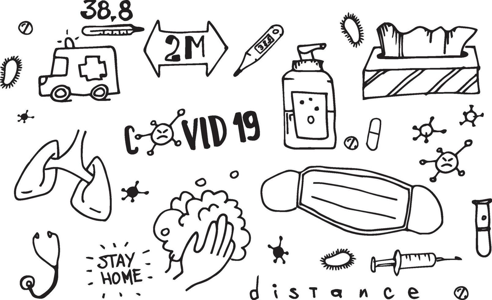 doodle uppsättning vektor illustration av covid-19 element, corona virus modern illustration för tryck och webb.