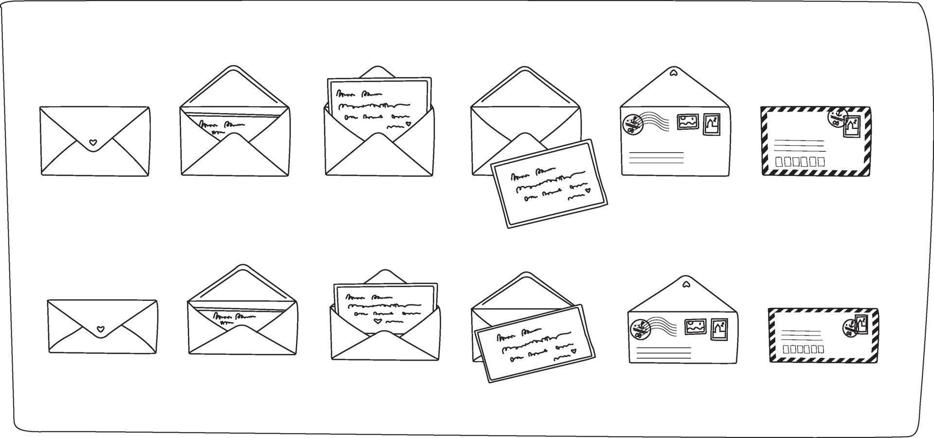 kontur vykort och kuvert set. moderna handritade postkort och kuvert med postfrimärken. svartvitt. vektorillustrationer för webb och utskrift. vektor