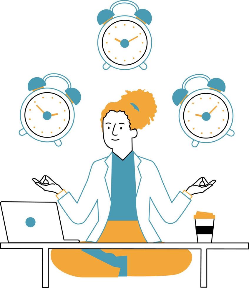 vektor illustration av en kvinna mediterar i främre av en bärbar dator. tid förvaltning