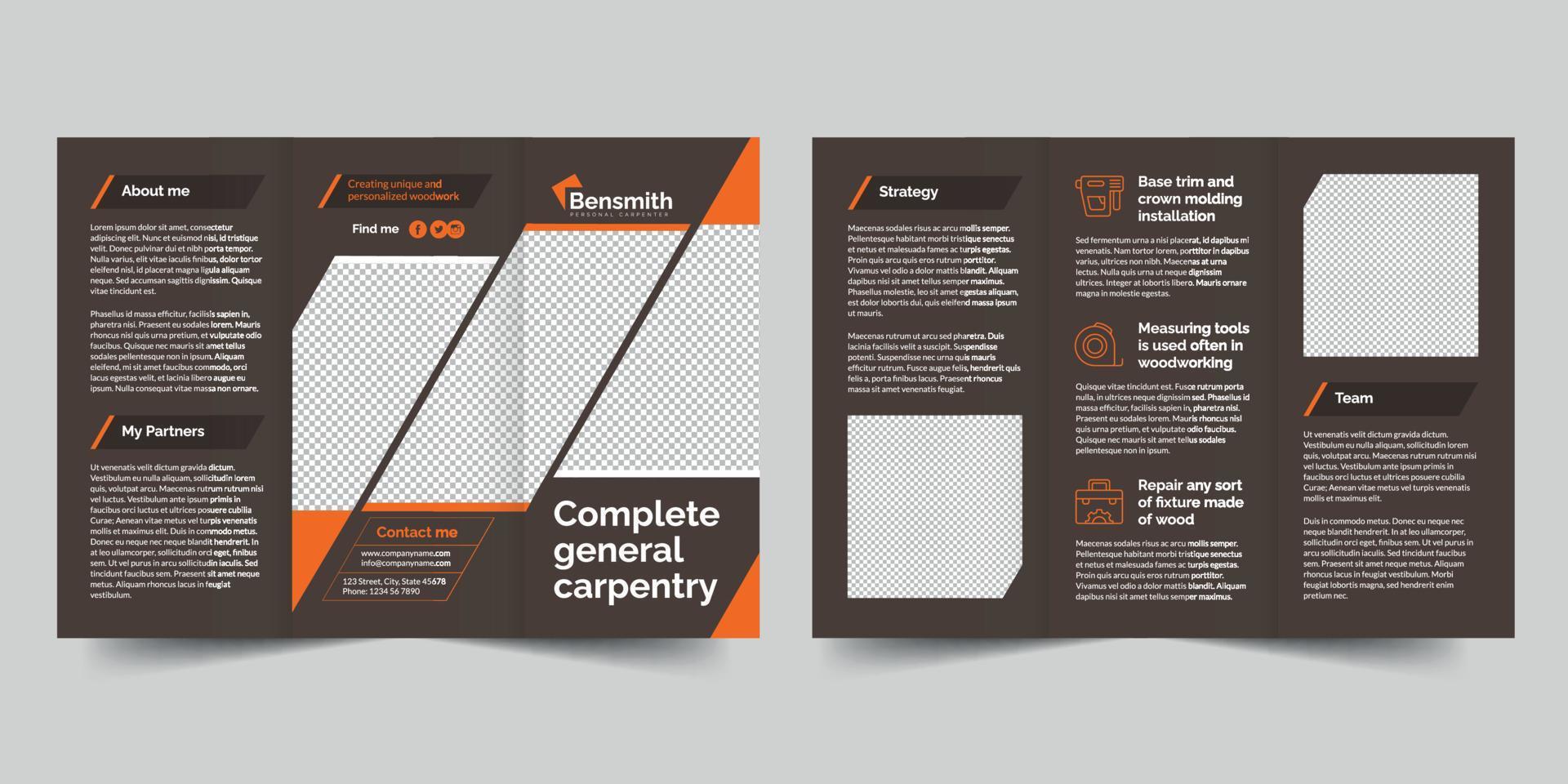 Zimmermann dreifach Broschüre Vorlage, Flyer Vektor Layout dreifach Attrappe, Lehrmodell, Simulation Profi Vektor