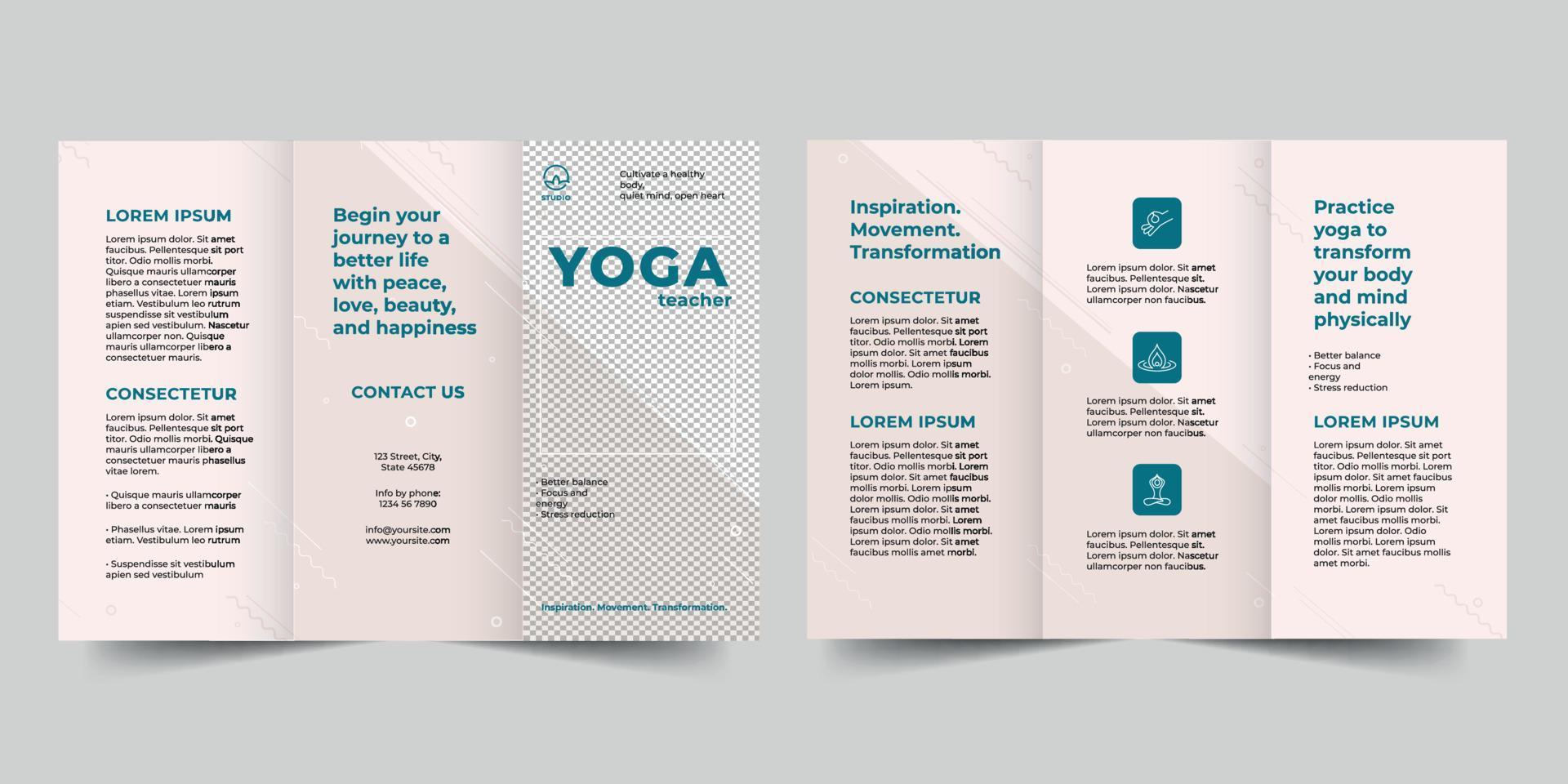 Yoga Lehrer dreifach Broschüre Vorlage, Flyer Vektor Layout dreifach Attrappe, Lehrmodell, Simulation Profi Vektor