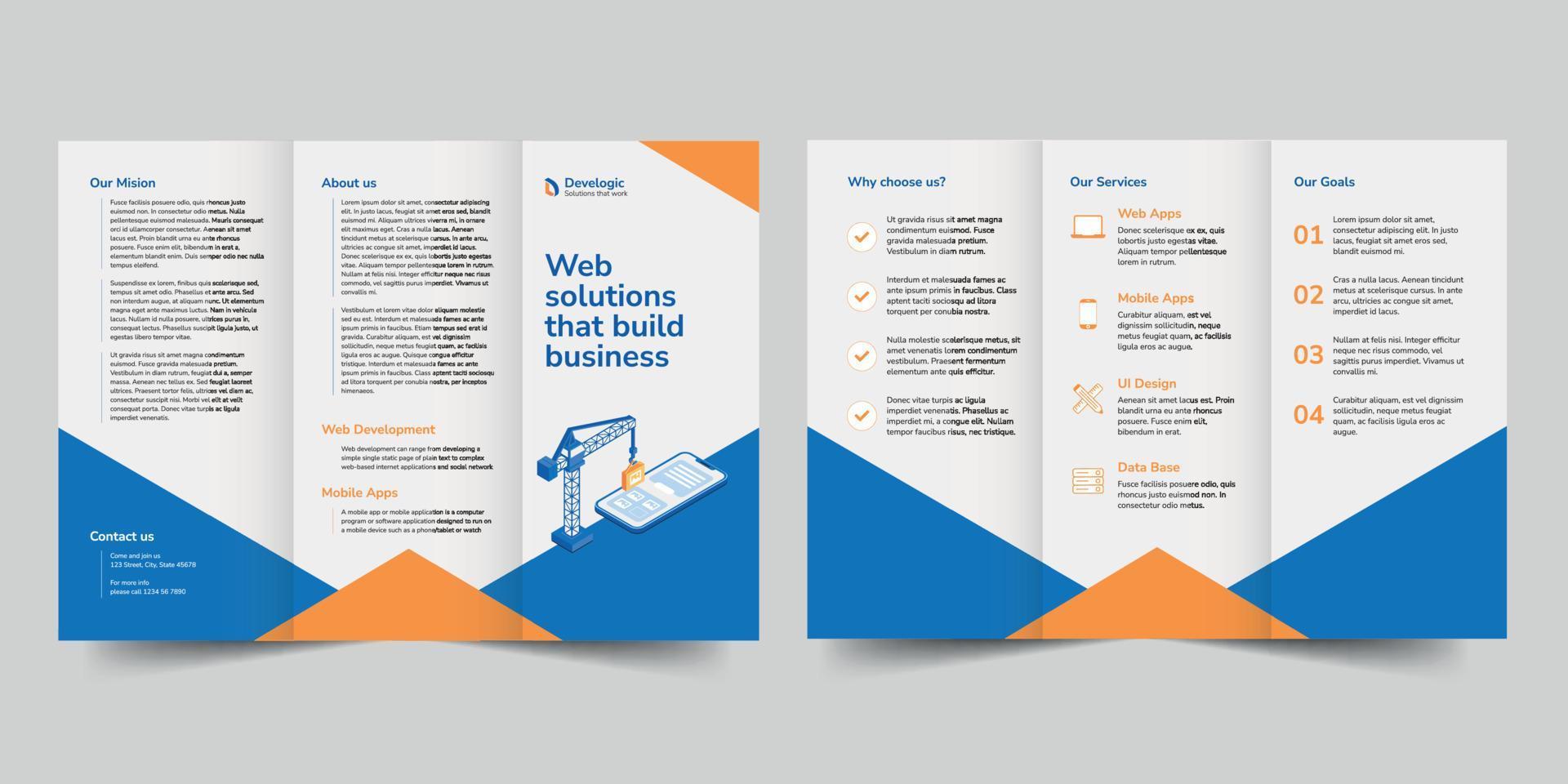 webb och mobil app utveckling trifold broschyr mall, flygblad vektor layout trifold attrapp proffs vektor