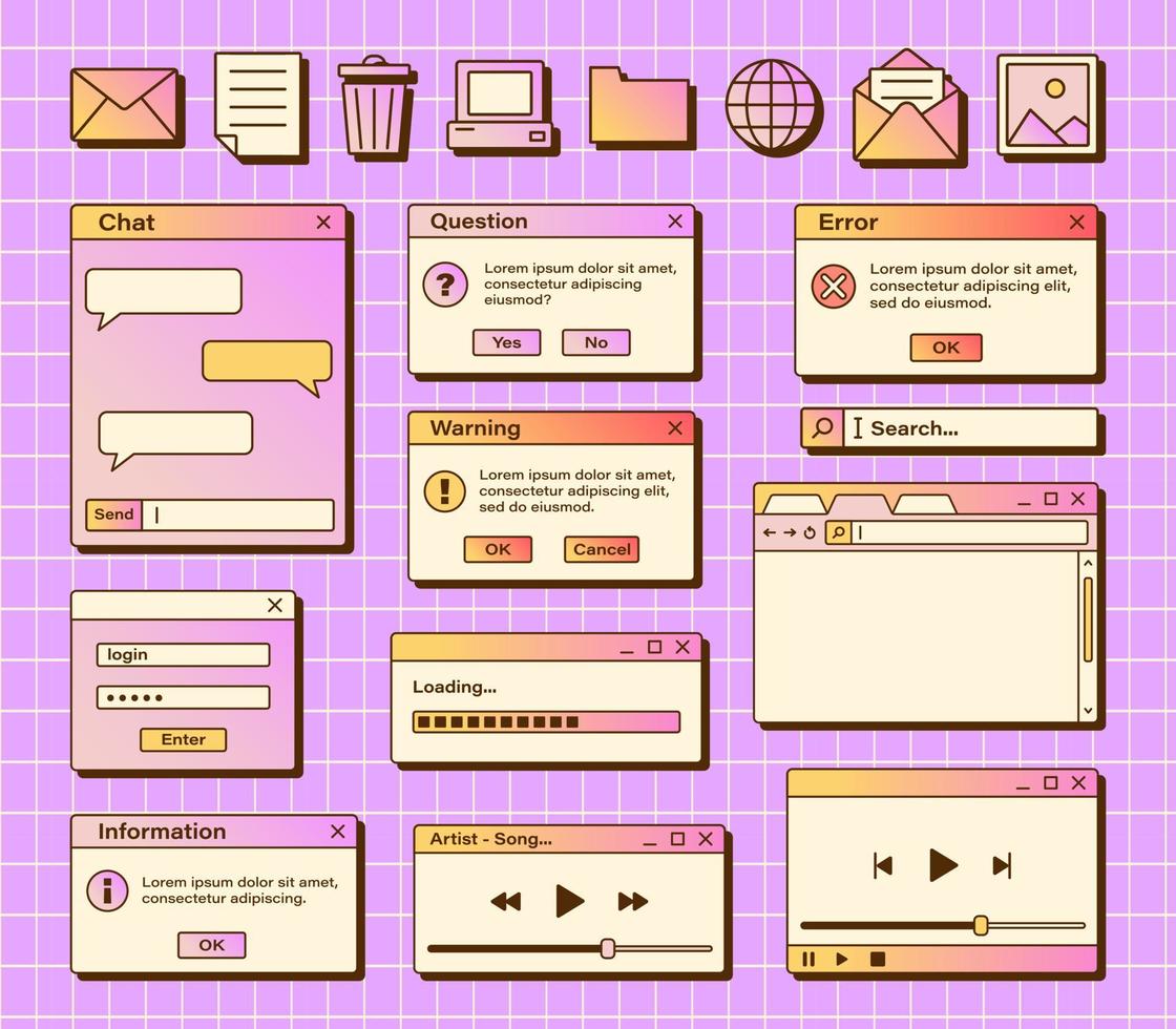 Vektor einstellen von retro Dampfwelle Computer Schnittstelle. Gradient Browser und Dialog Fenster Vorlagen. nostalgisch os. retro Symbole.