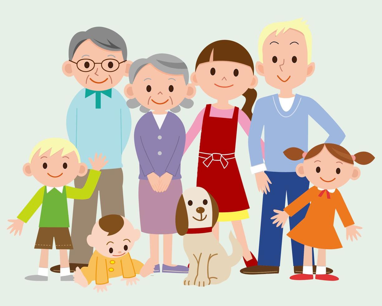 tecknad serie familj illustration. föräldrar med barn, farföräldrar och hund. vektor
