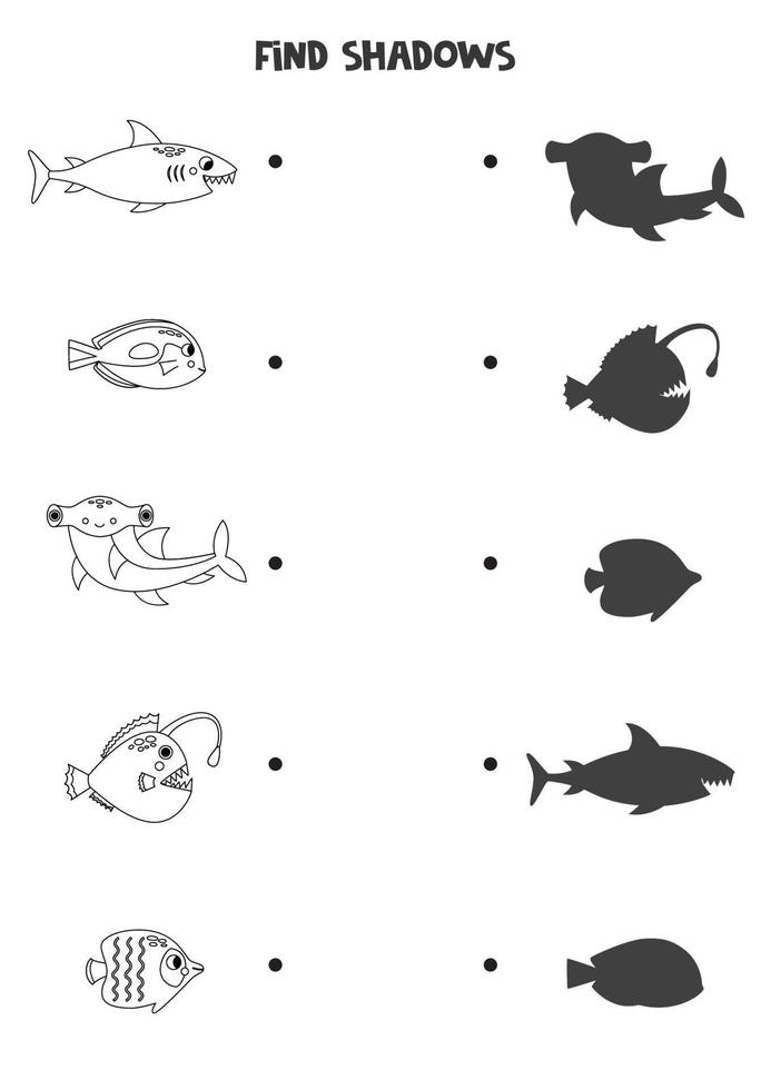 finden das richtig Schatten von schwarz und Weiß Meer Tiere. logisch Puzzle zum Kinder. vektor