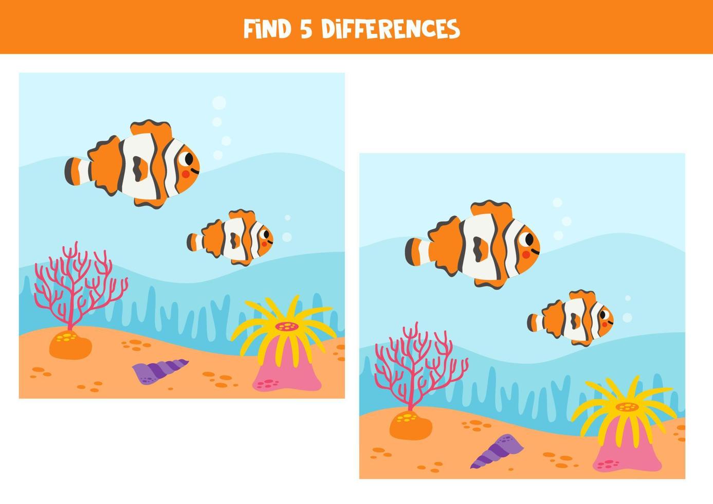 hitta 5 skillnader mellan två söt tecknad serie clown fisk. vektor