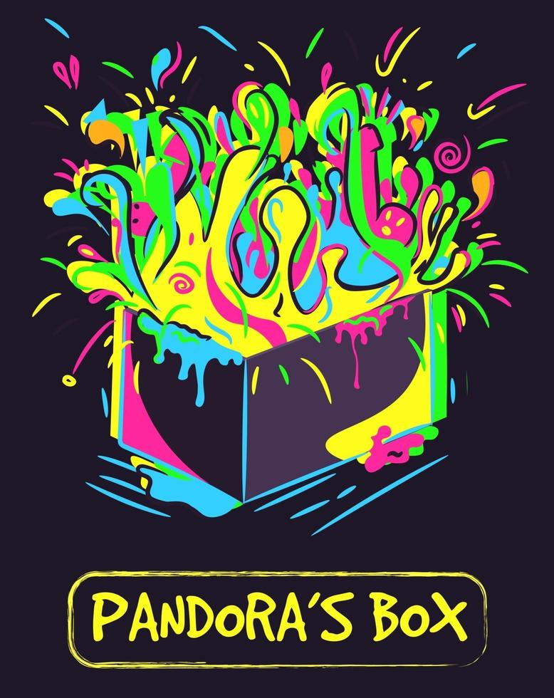 konceptuell konst av pandoras låda. neonillustration av en behållare med färgstänk, explosion och flytande sprängning. vektor