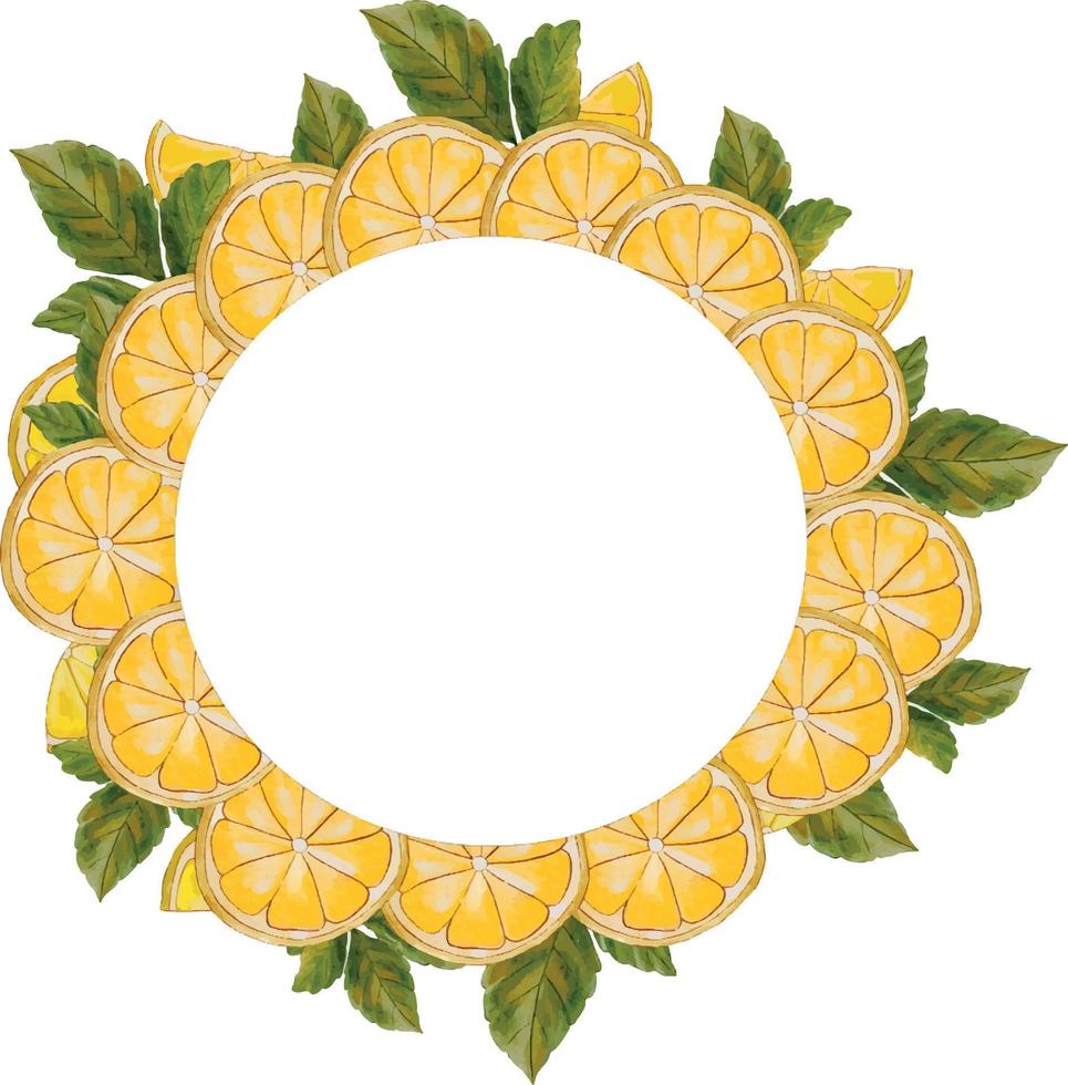 ram tillverkad av gul citroner. vattenfärg ram med citroner. vattenfärg illustration av grön löv, citroner och grenar. runda ram med citron. citrus- citroner. vektor