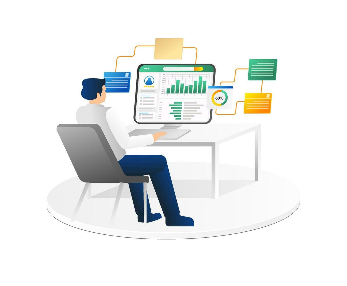 affärsman arbetssätt på bärbar dator och analyserar finansiell data. vektor illustration.