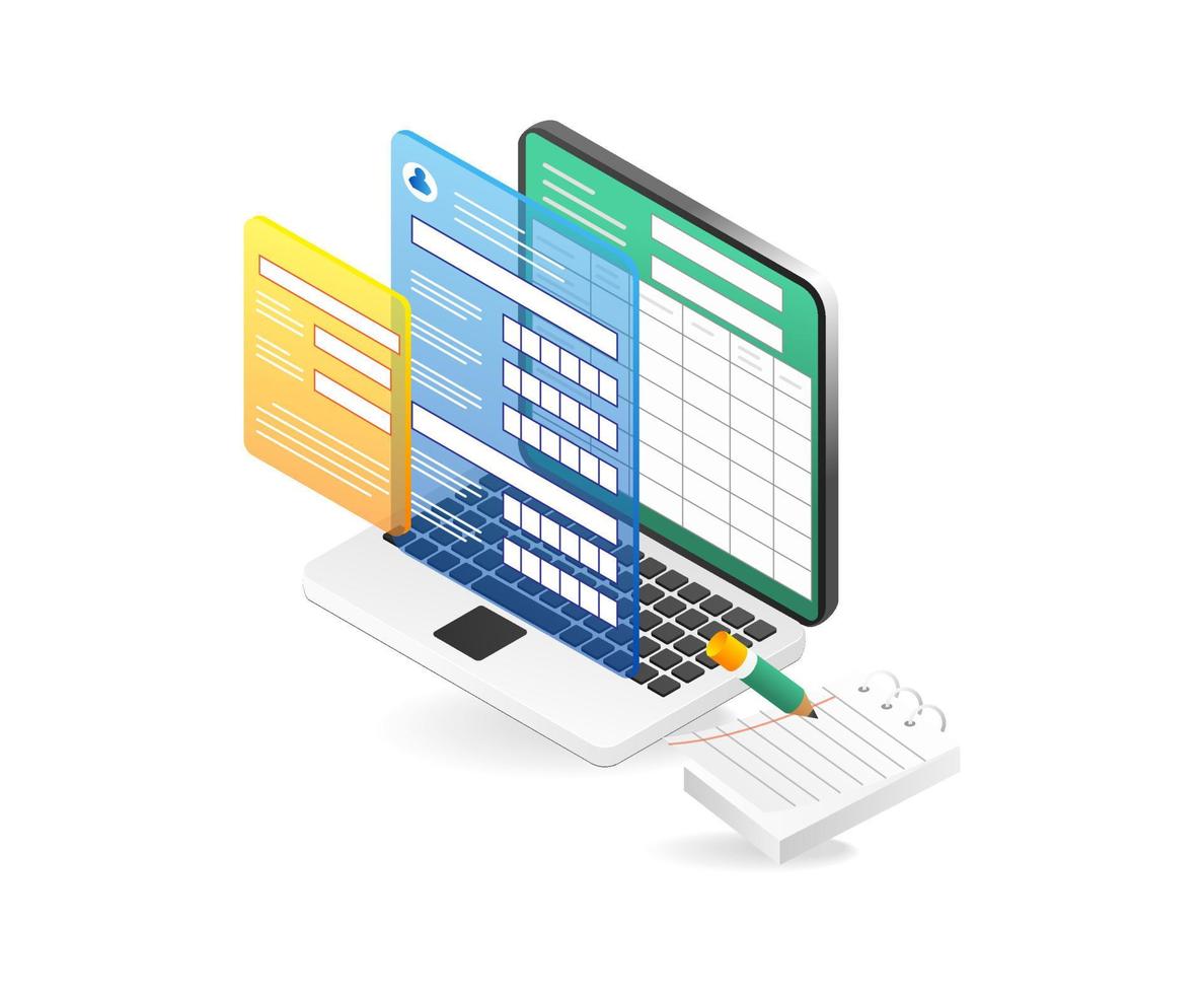 Konzept 3d isometrisch Illustration von Computer Anmeldung Tabelle Anwendung vektor