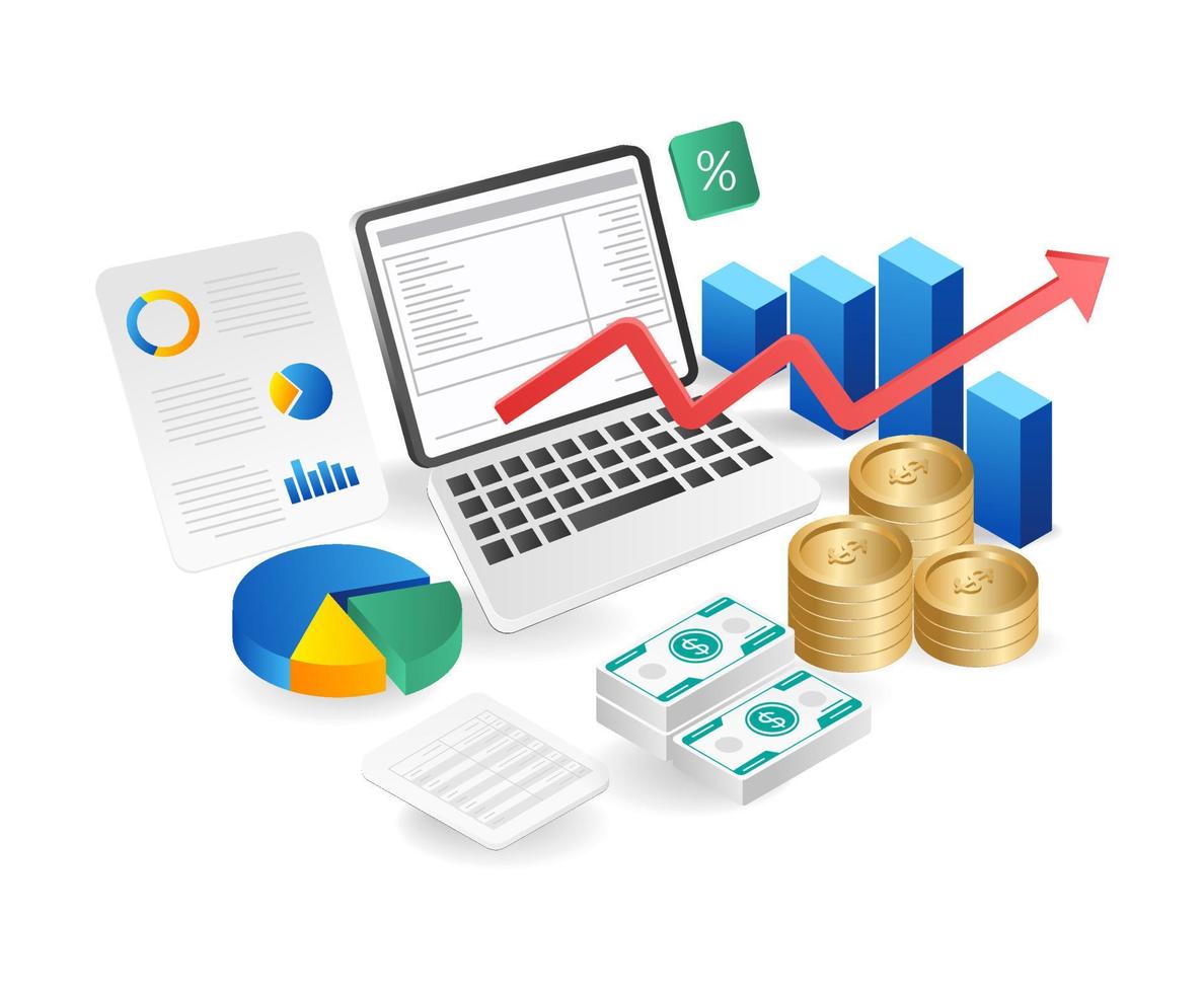 finansiell analys och företag analyser. vektor illustration. platt isometrisk design.