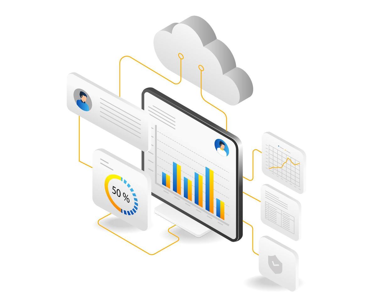 isometrisch eben Design Konzept von Wolke Computing und Daten Analyse. Vektor Illustration.