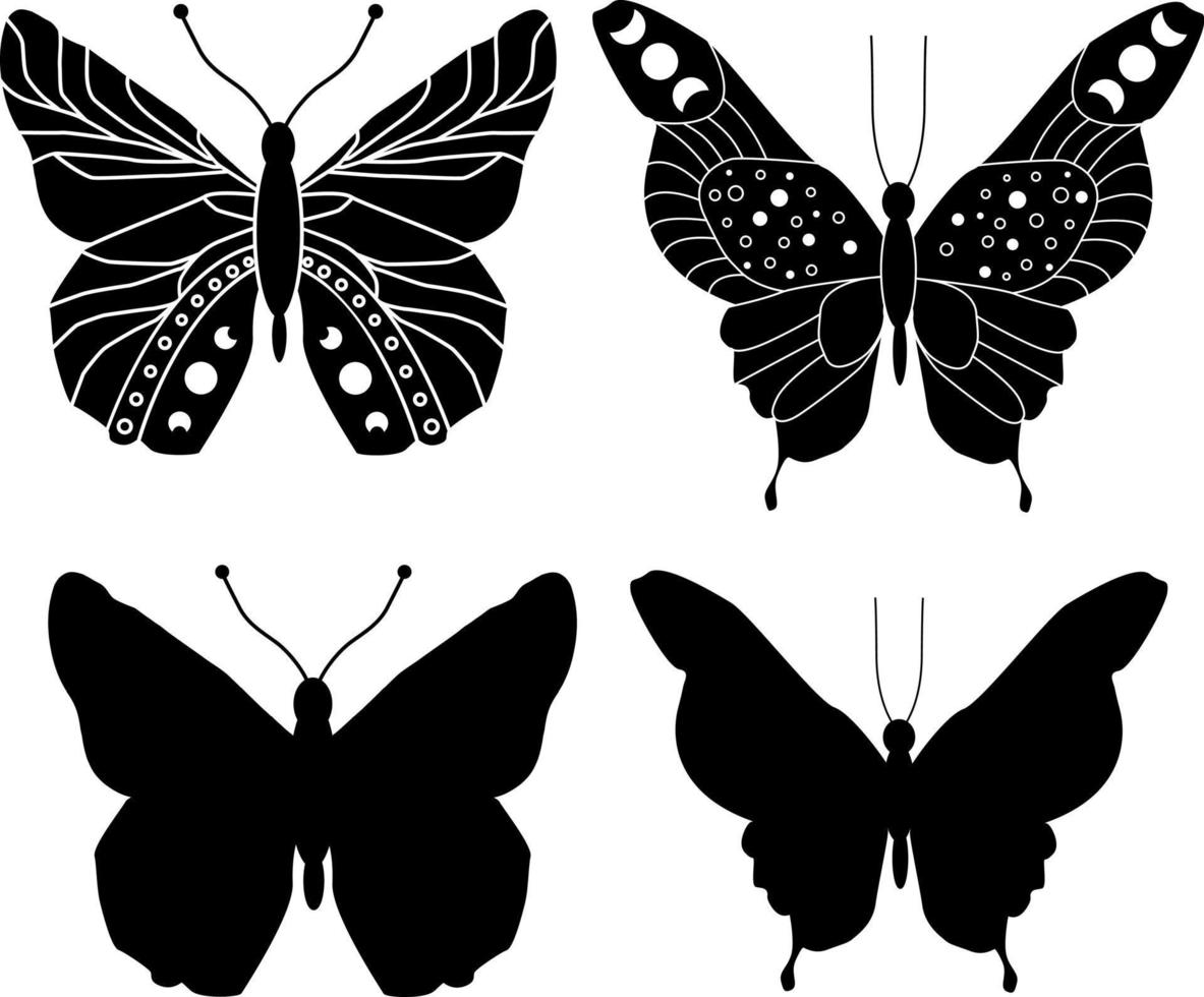 uppsättning av fjärilar isolerat. fjäril silhuett. fjäril vektor grafik. fjäril träsnideri, en uppsättning av skuggor och rader, vektor illustration.