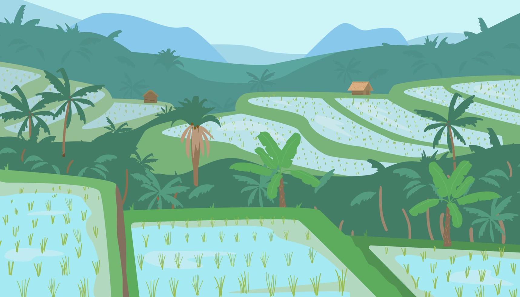 terrassiert asiatisch Reis Felder im Berge Landschaft. traditionell Landwirtschaft. Vektor Illustration.
