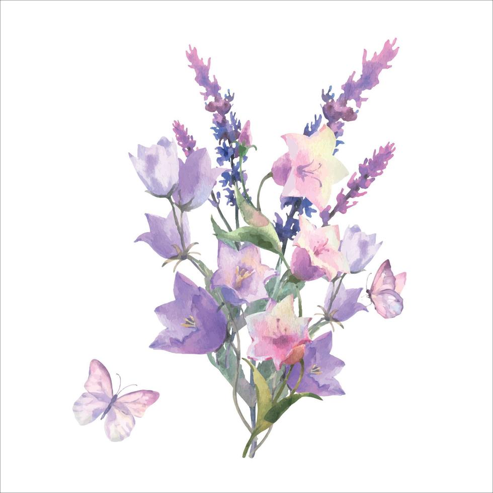 vattenfärg botanisk illustration, vild blommor bukett med blå och rosa blåklint ört och och salvia med violett fjärilar, isolerat på vit bakgrund. vektor