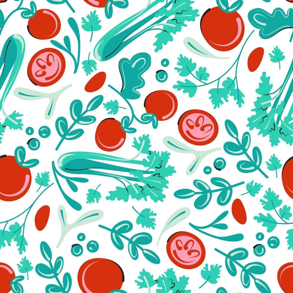 sömlösa mönster med tomater och örter. vegansk bakgrund. platt vektor illustration grönsaker
