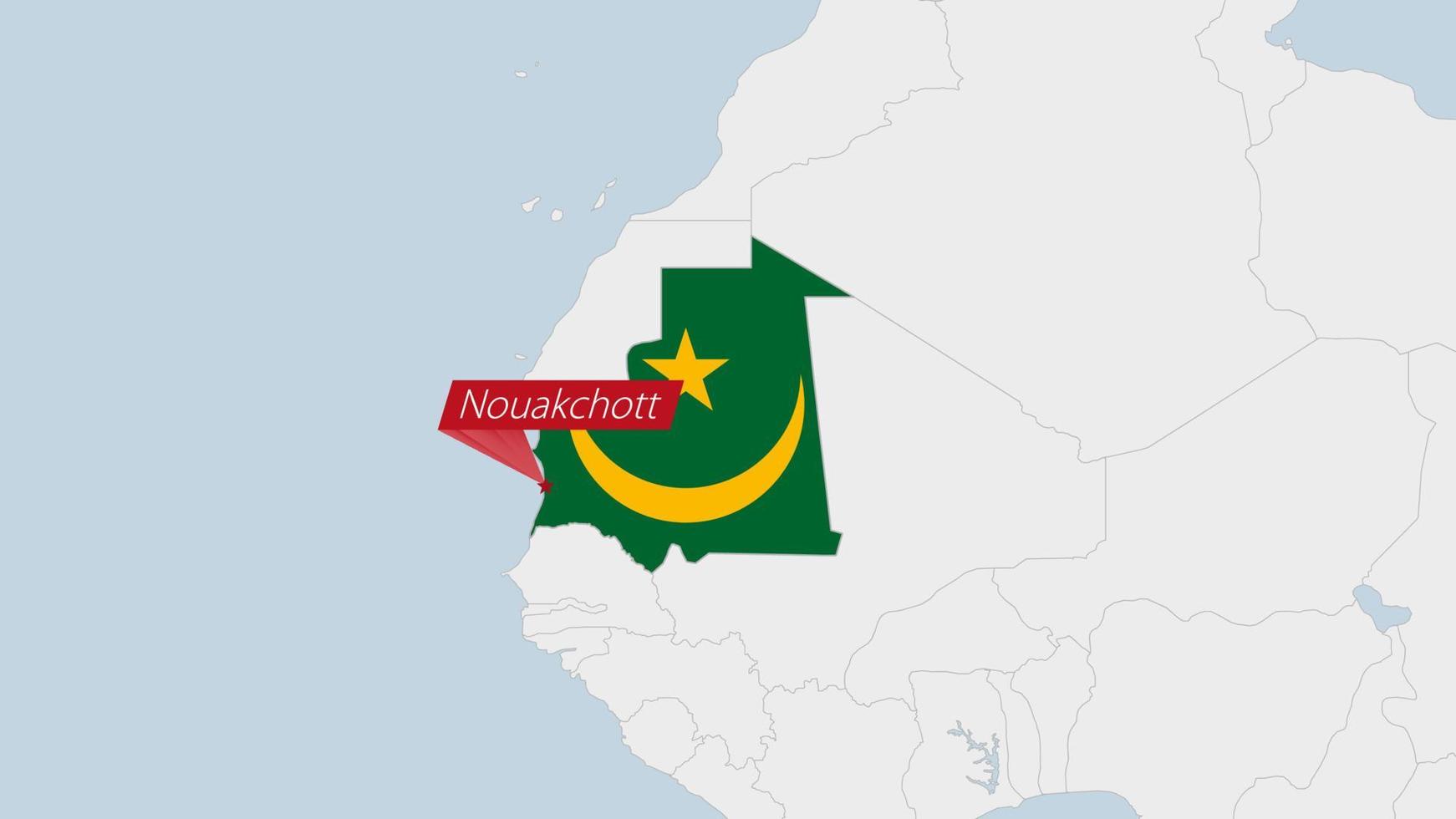 mauretanien Karta markerad i mauretanien flagga färger och stift av Land huvudstad nouakchott. vektor