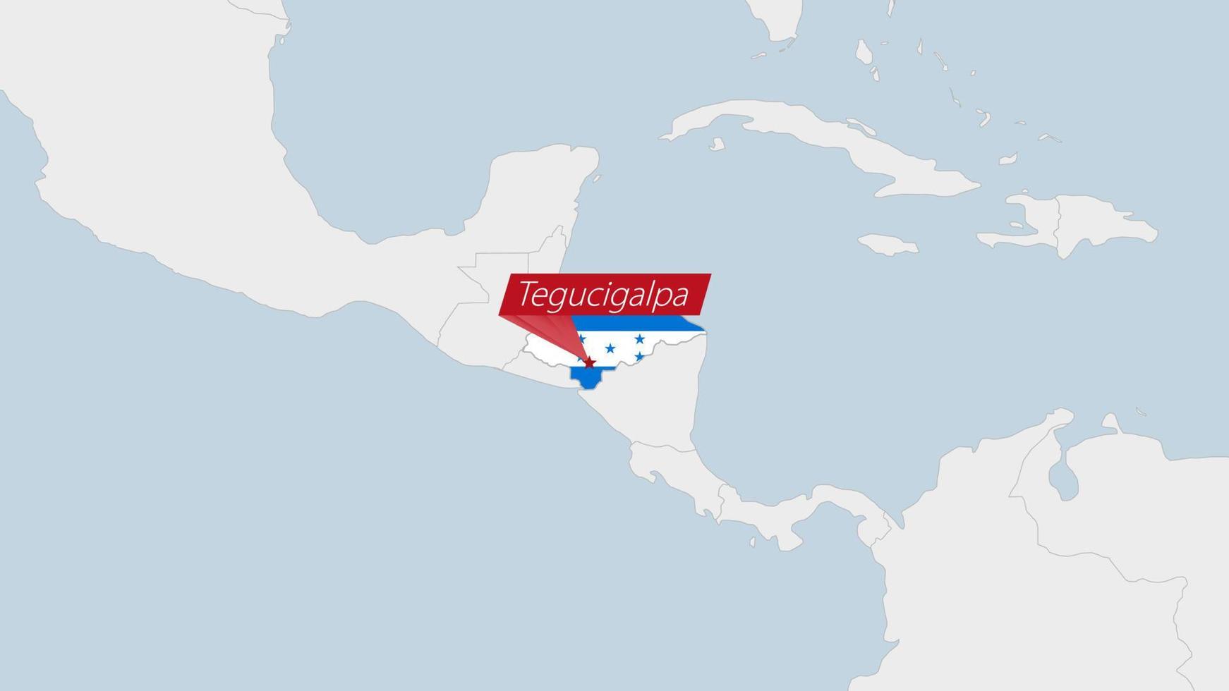 honduras Karta markerad i honduras flagga färger och stift av Land huvudstad tegucigalpa. vektor