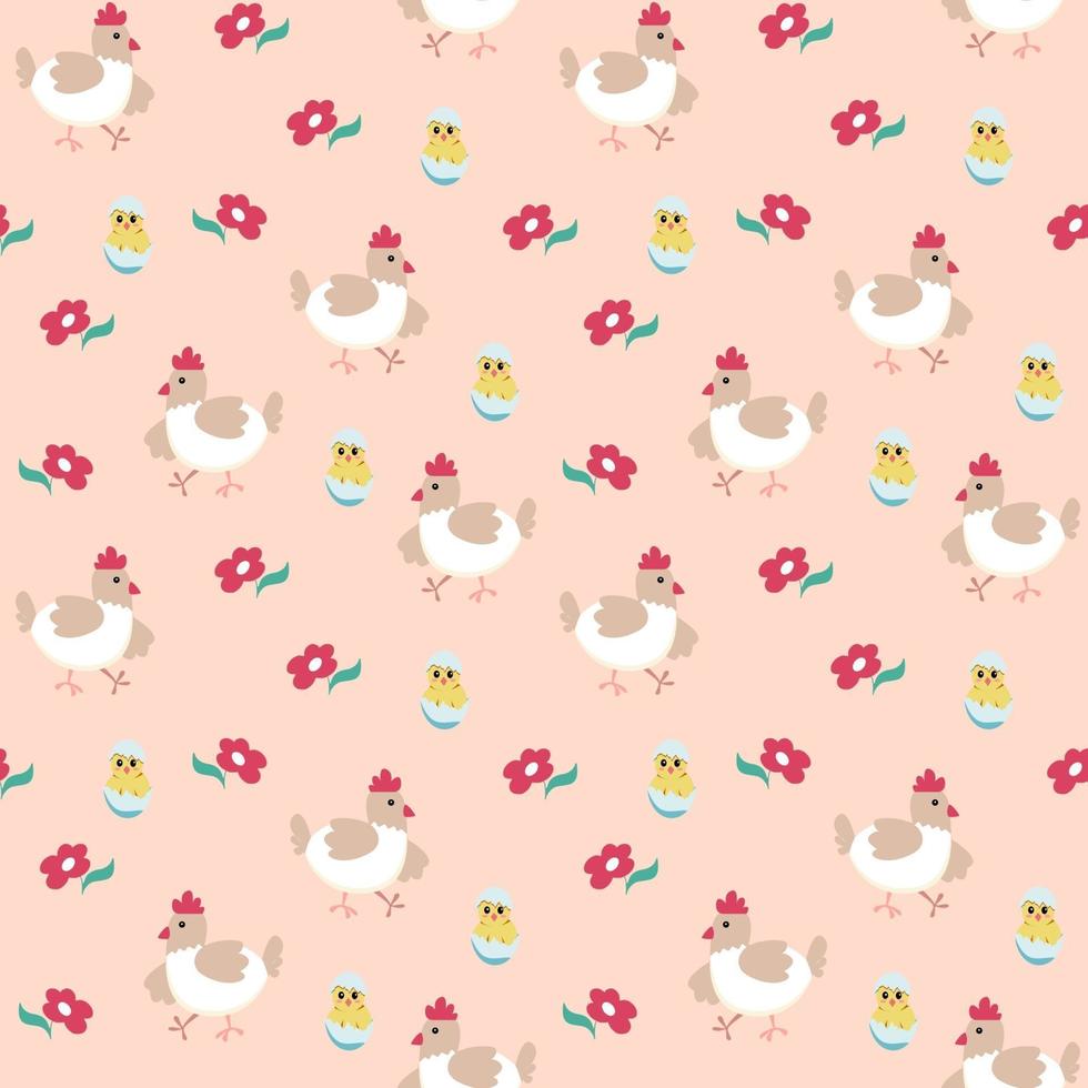 nahtloses Frühlingsmuster mit Henne, Huhn und Blume. Vektorillustration auf einem rosa Hintergrund. endlose Textur für Ostern vektor