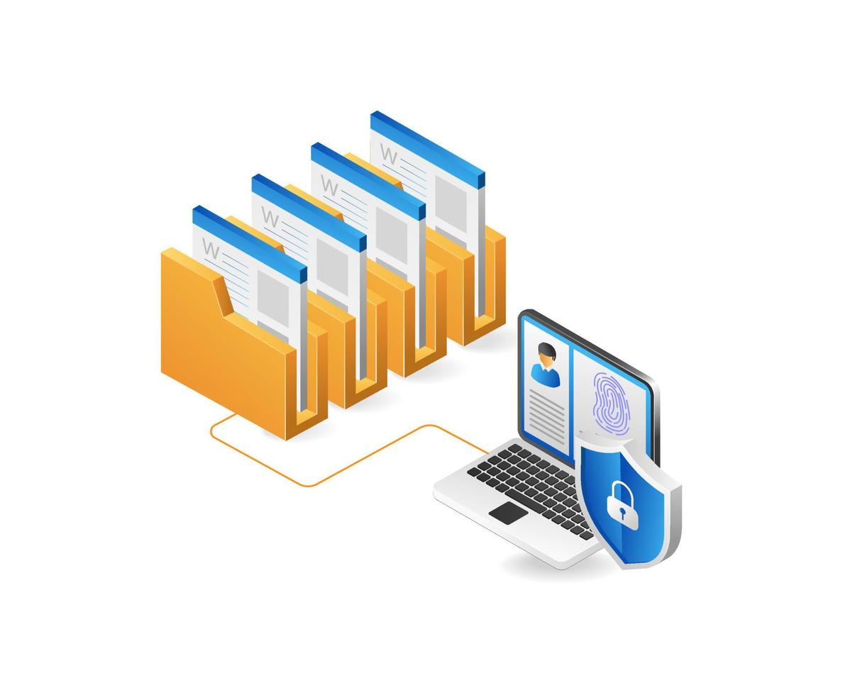 data skydd isometrisk begrepp med mapp och bärbar dator på vit bakgrund vektor illustration