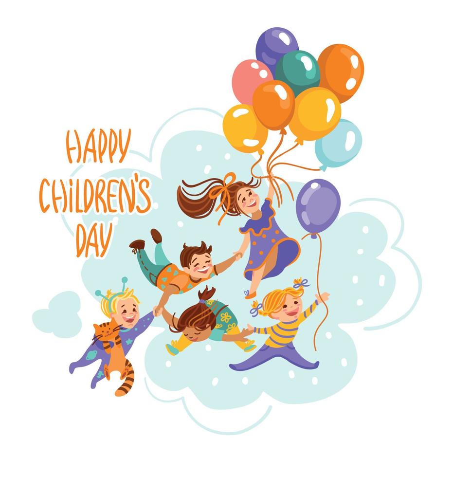 Lachen Kinder fliegen umklammern ein Bündel von Luftballons. Kinder- Tag. Vektor Illustration.