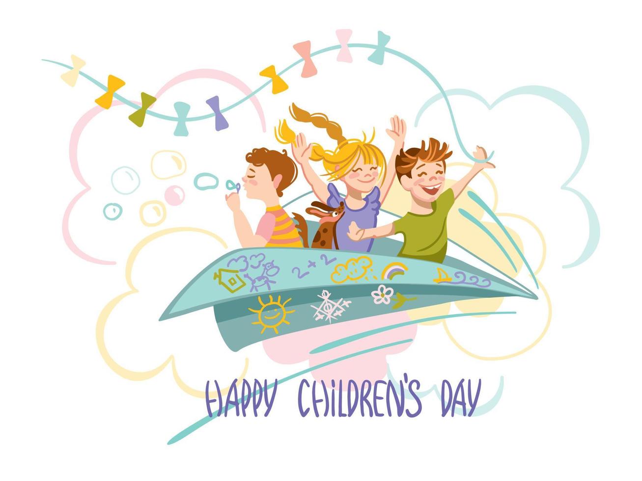 barn spela och flyga på ett imaginär plan. barns dag. vektor illustration.
