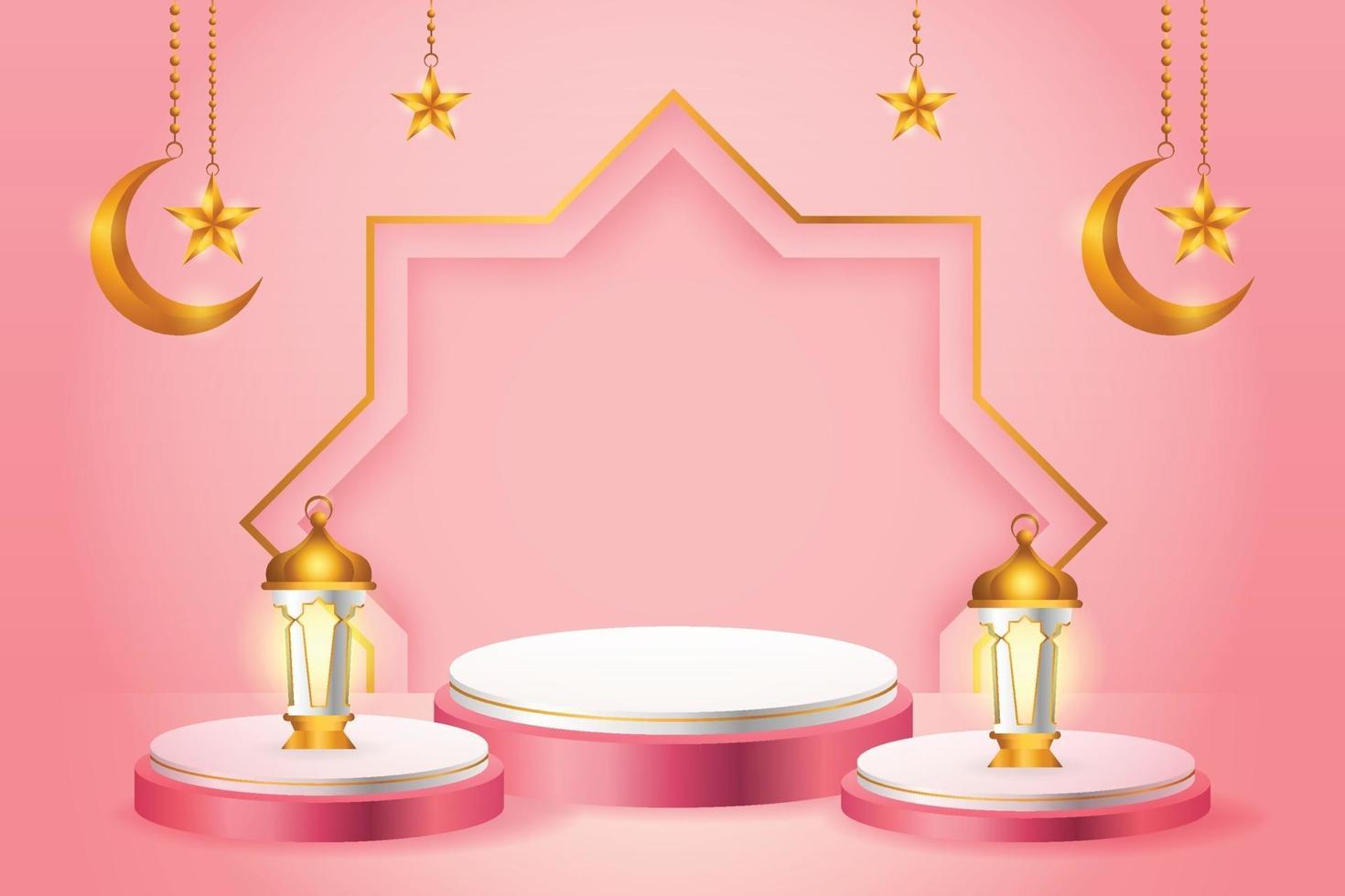 3D-produkt visar rosa och vitt podium-tema islam med halvmåne, lykta och stjärna för ramadan vektor