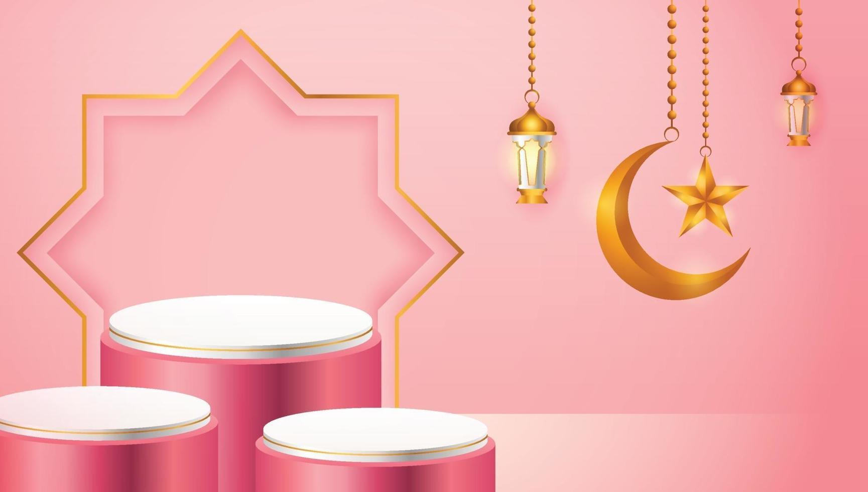 3D-produkt visar rosa och vitt podium-tema islam med halvmåne, lykta och stjärna för ramadan vektor