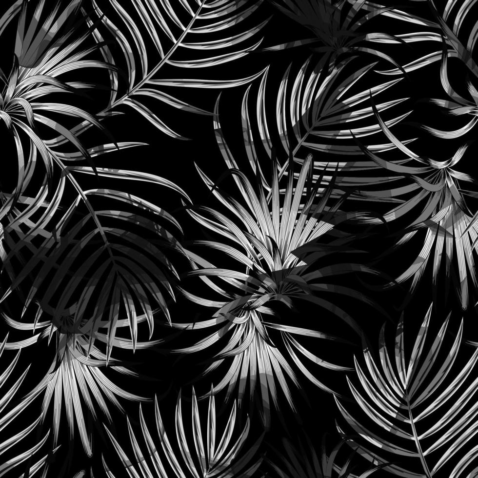 abstrakt kokos gren löv sömlös mönster med tropisk växter löv på mörk bakgrund. handflatan blad tapet sömlös. modern grafik textil. exotisk tropikerna. sommar design. årgång dekor vektor