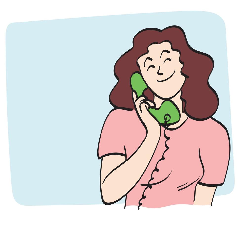Linie Kunst Frau mit retro grren Telefon auf leer Blau Raum Illustration Vektor Hand gezeichnet isoliert auf Weiß Hintergrund
