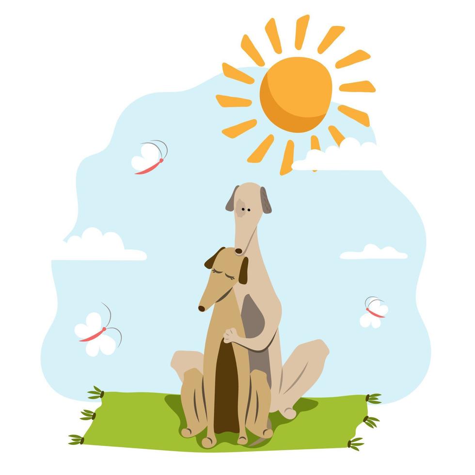 zwei Hunde Sitzung auf ein Matte auf ein sonnig und klar Tag. Picknick mit hochfliegend Schmetterlinge. Datum vektor