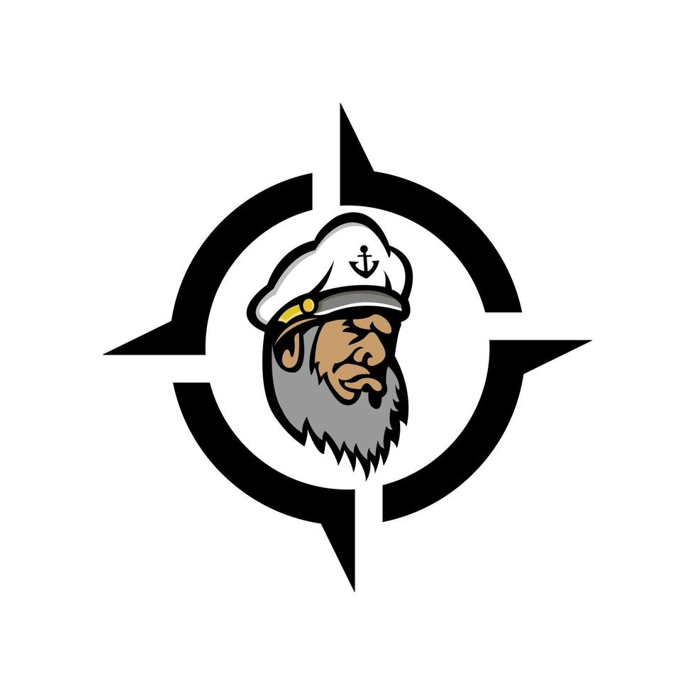 bärtiger Schiffskapitän oder Skipper mit Pfeife und Schirmmütze für marines nautisches Logo-Design für Segler vektor