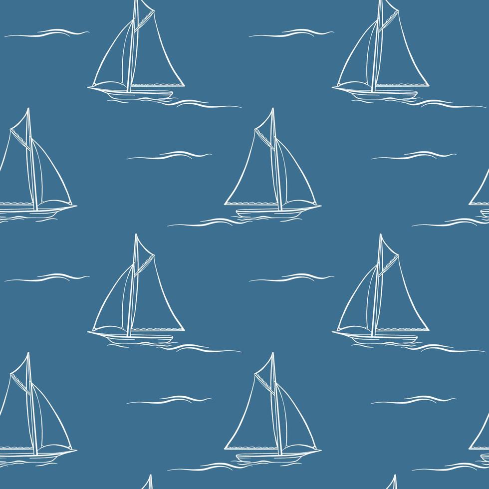 Segelboot und Welle. nahtlos Muster mit Karikatur Boote. Vektor Textur.