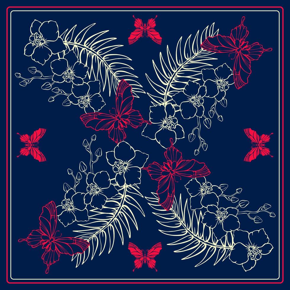 botanisch Platz Muster mit tropisch Blumen und Schmetterlinge. Bandana. Vektor. vektor