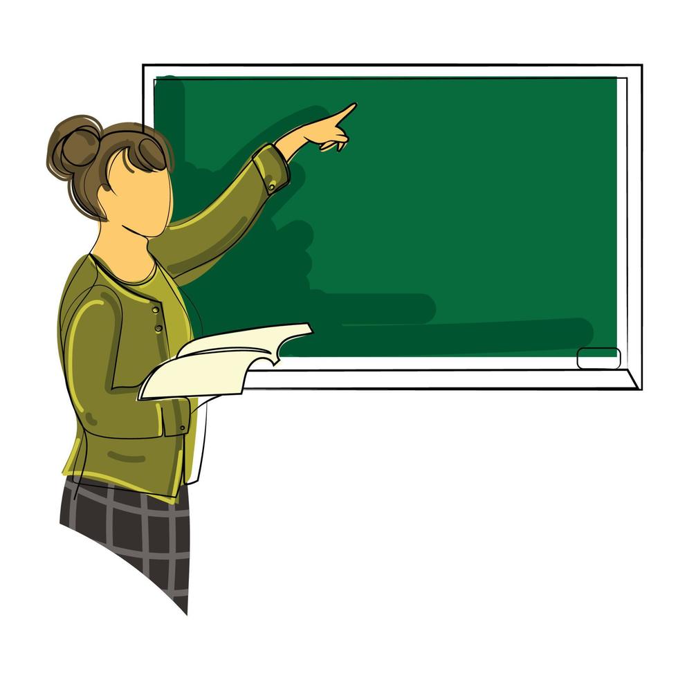 kvinna lärare eller professor undervisning matematik pekande på svarta tavlan vektor isolerat illustration.female lärare på lektion i klassrum abstrakt enkel teckning i modern stil. utbildning, undervisning begrepp