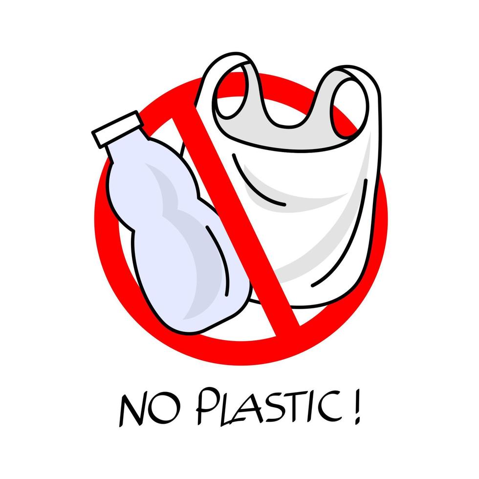 Nein Plastik Etikette Konzept Illustration eben Design Vektor Symbol mit Hand gezeichnet Stil