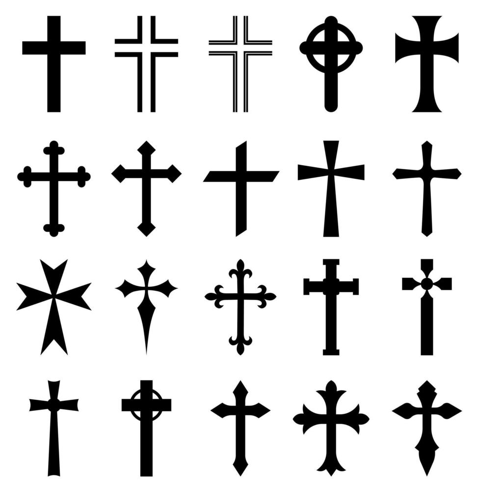 Christian Kreuze Vektor Symbol Satz. das Kreuz ist ein Symbol von Christentum. das Tod von Jesus Christus. dekorativ Kruzifix Religion katholisch Symbol, orthodox Vertrauen Kirche Kreuz Design.