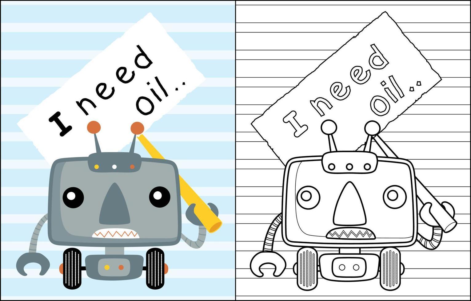 Färbung Buch von komisch wenig Roboter mit Tafel Zeichen Warnung vektor