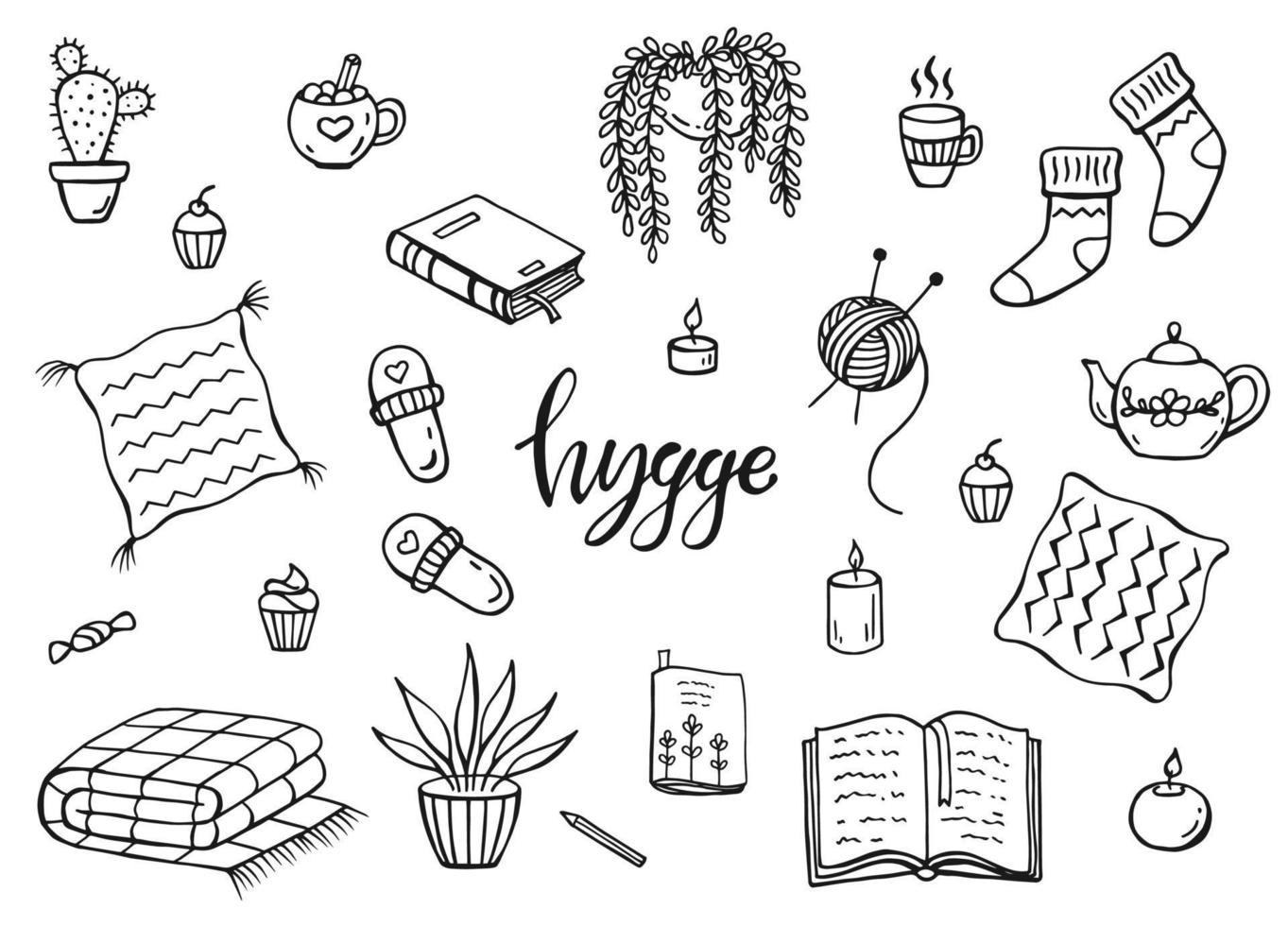 uppsättning av hygge element. hand dragen vektor illustration. mysigt saker isolerat på en vit bakgrund.