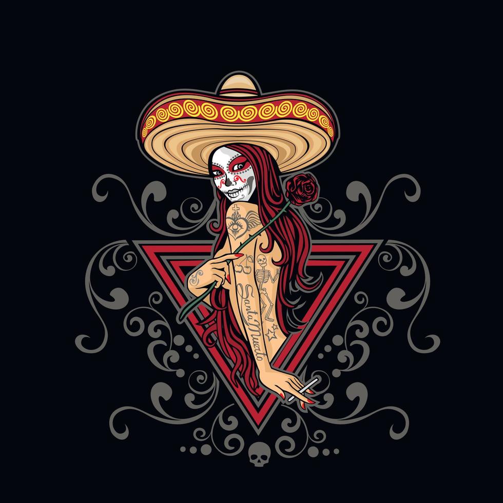 mexikansk socker skalle, flicka med skalle smink, årgång design t shirts vektor