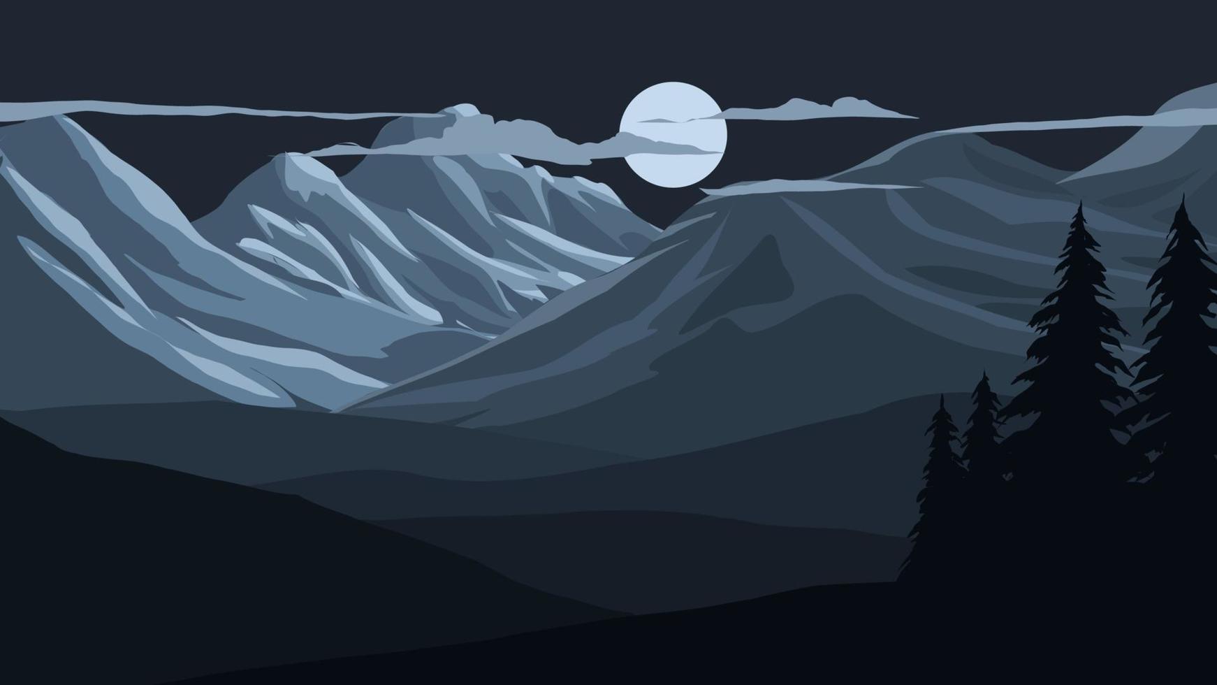 nattetid i berg med full måne. vektor platt natur landskap